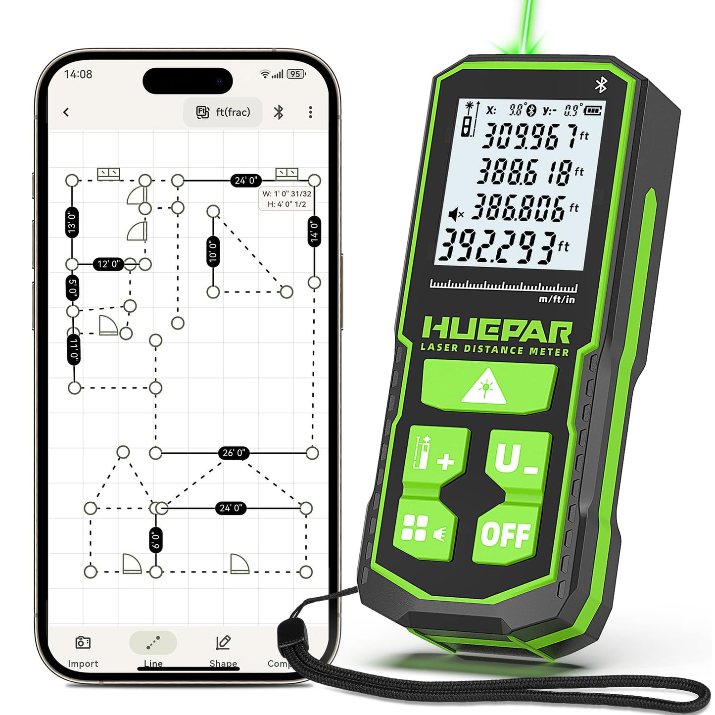 Huepar 395FT Bluetooth Green Laser Measuring Tool S120-G-BT | 1/16in Accuracy, APP Control, Angle Sensor, Carry Bag, Laser Distance Measurement Tool, Digital Laser Room Measuring Device