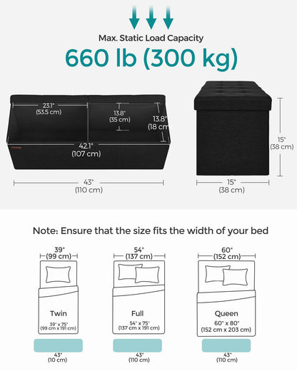 SONGMICS MAZIE Collection - 30 Inches Folding Storage Ottoman Bench, Ottoman Foot Rest, End of Bed Bench, Storage Chest, Load 660 lb, for Living Room, Bedroom, Entryway, Dark Gray ULSF47K