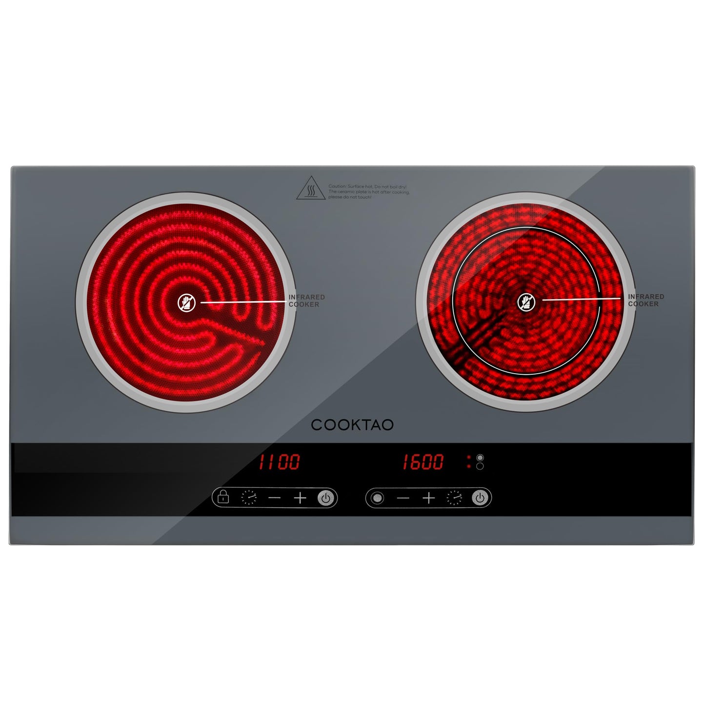 Dual Coil Design of 2 Burner Electric Cooktop, 1800W Ceramic Hot Plate for Cooking, Infrared Double Burner Portable Countertop or 24inch Built-in Radiant Stove Top Cooker, Compatible with All Cookware