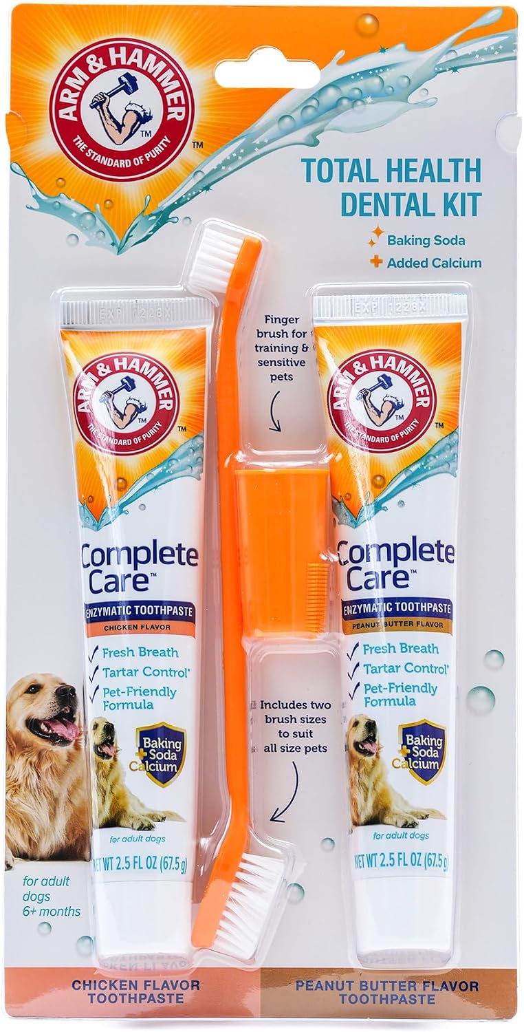 Arm & Hammer Complete Care Dog Dental Kit with Enzymatic Dog Toothpaste, Toothbrush and Finger Brush, Baking Soda and Calcium Formula for Plaque Tartar Control, Chicken Flavor, 2.5 Oz