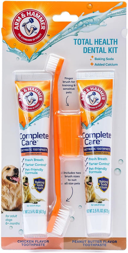 Arm & Hammer Complete Care Dog Dental Kit with Enzymatic Dog Toothpaste, Toothbrush and Finger Brush, Baking Soda and Calcium Formula for Plaque Tartar Control, Chicken Flavor, 2.5 Oz