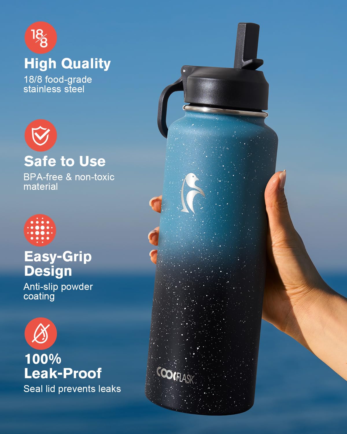 Half Gallon Water Bottle Insulated with Straw & 3 Lids, Coolflask 64 oz Water Jug Large Metal Stainless Steel Wide Mouth for Sports, Gym or Office, Non-BPA Keep Cold 48H Hot 24H, Samurai Cyan
