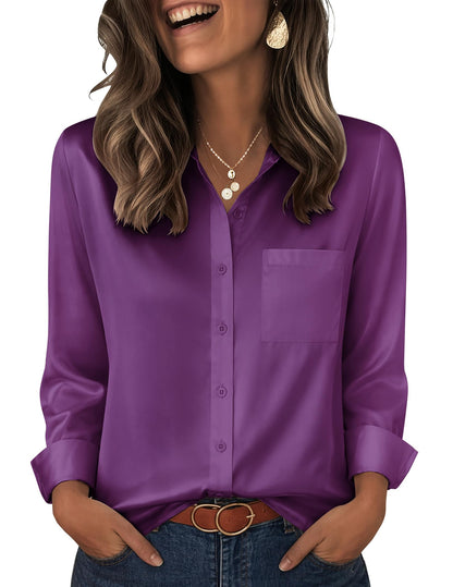 Zeagoo Womens Tops Satin Blouse Long Sleeve Shirts V Neck Dressy Casual | Button Down Business Outfits Fall Fashion With Pockets