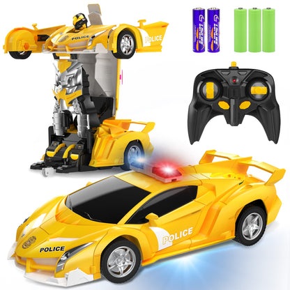 FDJ Remote Control Car - Transform Toys Car Robot, One Button Deformation to Robot with Flashing Light, 2.4Ghz 1:18 Scale Transforming Police Car Kids Toys with 360 Degree Rotating, Girls Boys Toys