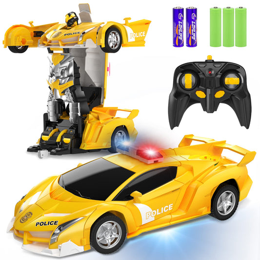 FDJ Remote Control Car - Transform Toys Car Robot, One Button Deformation to Robot with Flashing Light, 2.4Ghz 1:18 Scale Transforming Police Car Kids Toys with 360 Degree Rotating, Girls Boys Toys
