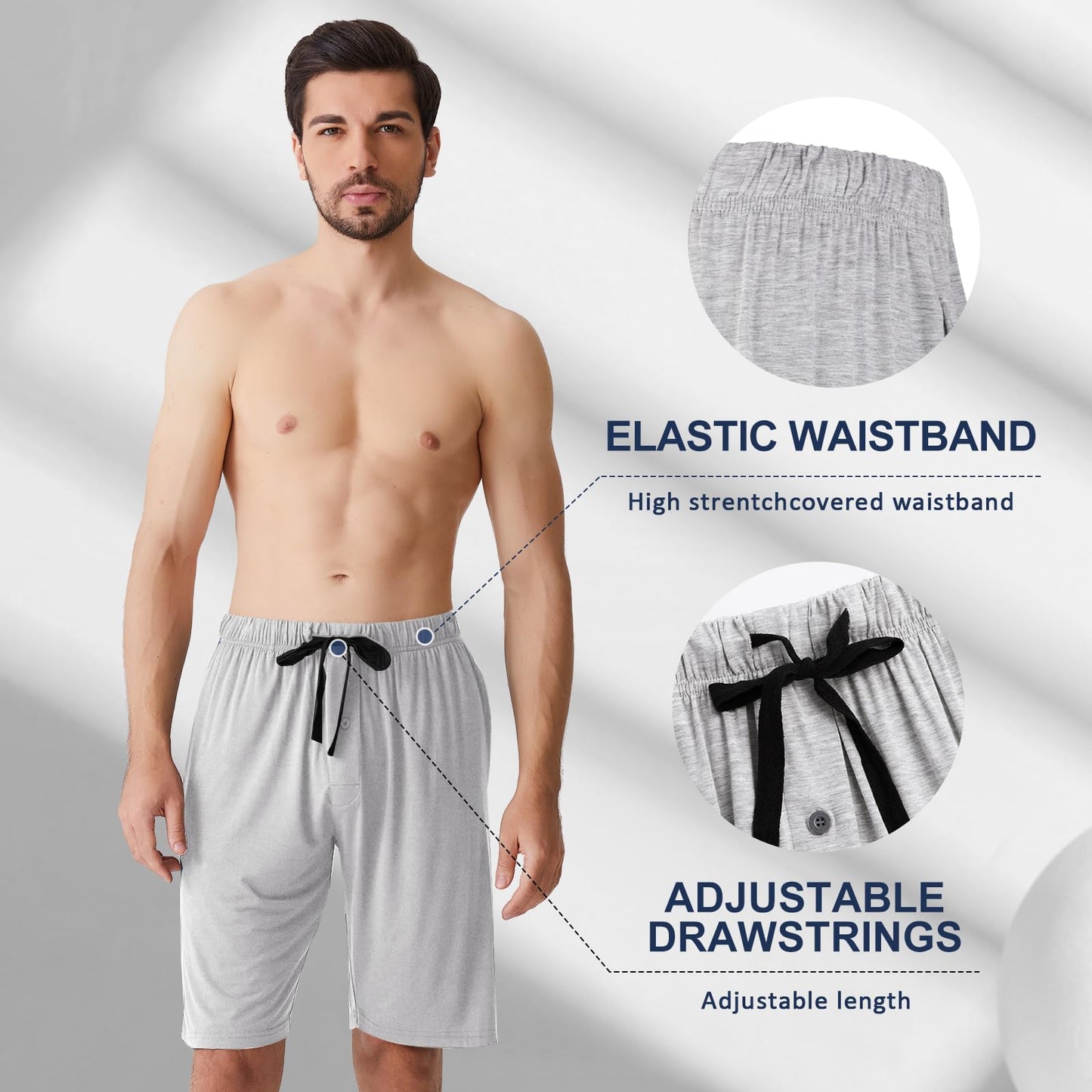 BAMBOO COOL Men's Pajama bottoms Lounge Sleep Shorts Soft Comfortable Breathable Pajamas Shorts with Pockets 2 Pack