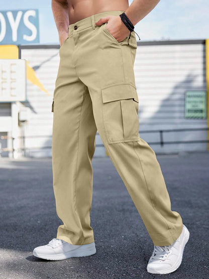 Comdecevis Mens Casual Cargo Pants Baggy Straight Leg Sweatpants with Large Flap Pockets Hiking Sports Trousers