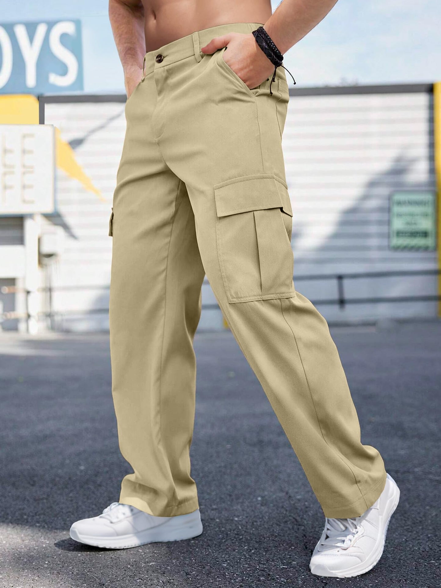 Comdecevis Mens Casual Cargo Pants Baggy Straight Leg Sweatpants with Large Flap Pockets Hiking Sports Trousers