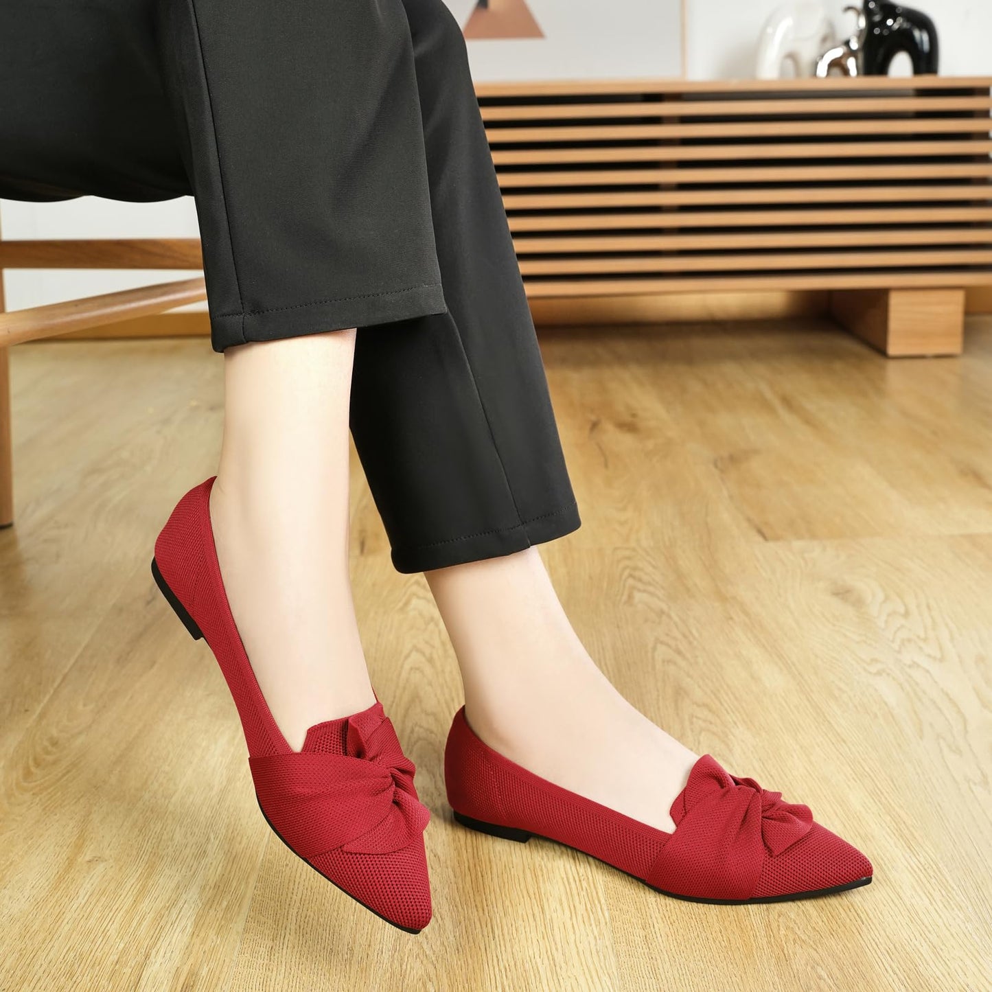 HIULYCENCE Flats for Womens Pointed Toe Ballet Flats with Bow Comfortable Knit Dressy Flats
