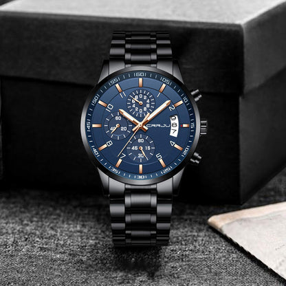 CRRJU Men's Fashion Stainless Steel Watches Date Waterproof Chronograph Wristwatches,Black Steel Band Waterproof Quartz Watch for Men