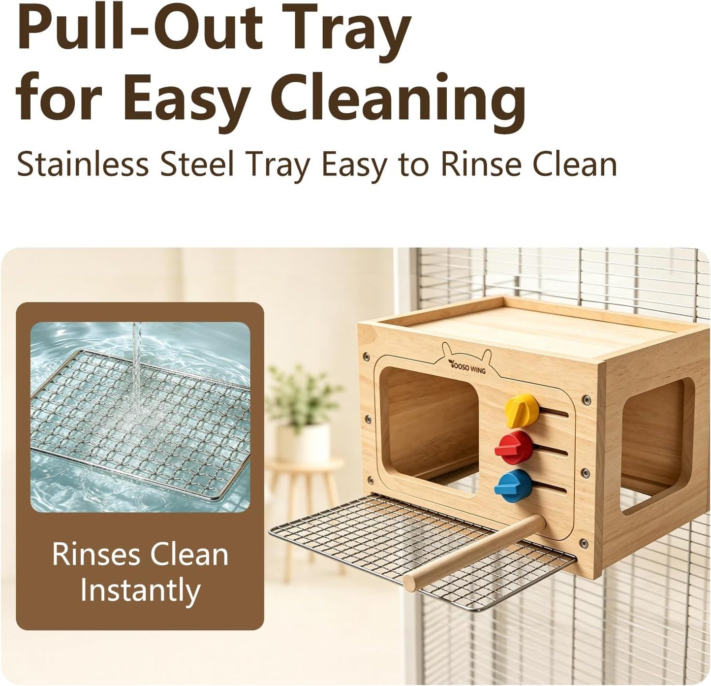 Solid Wood Parrot Hideaway, with Pull-Out Stainless Steel Grate | Glue-Free Retro TV-Shaped Bird House for Beak Play Cage Accessory for Small to Medium Parrots, Chew Toy & Resting House