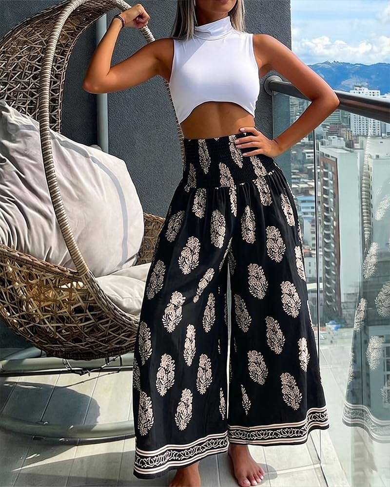 CHICME Boho Floral Shirred High Waisted Wide Leg Pants Flowy Palazzo Pants Summer Beach Vacation Wear