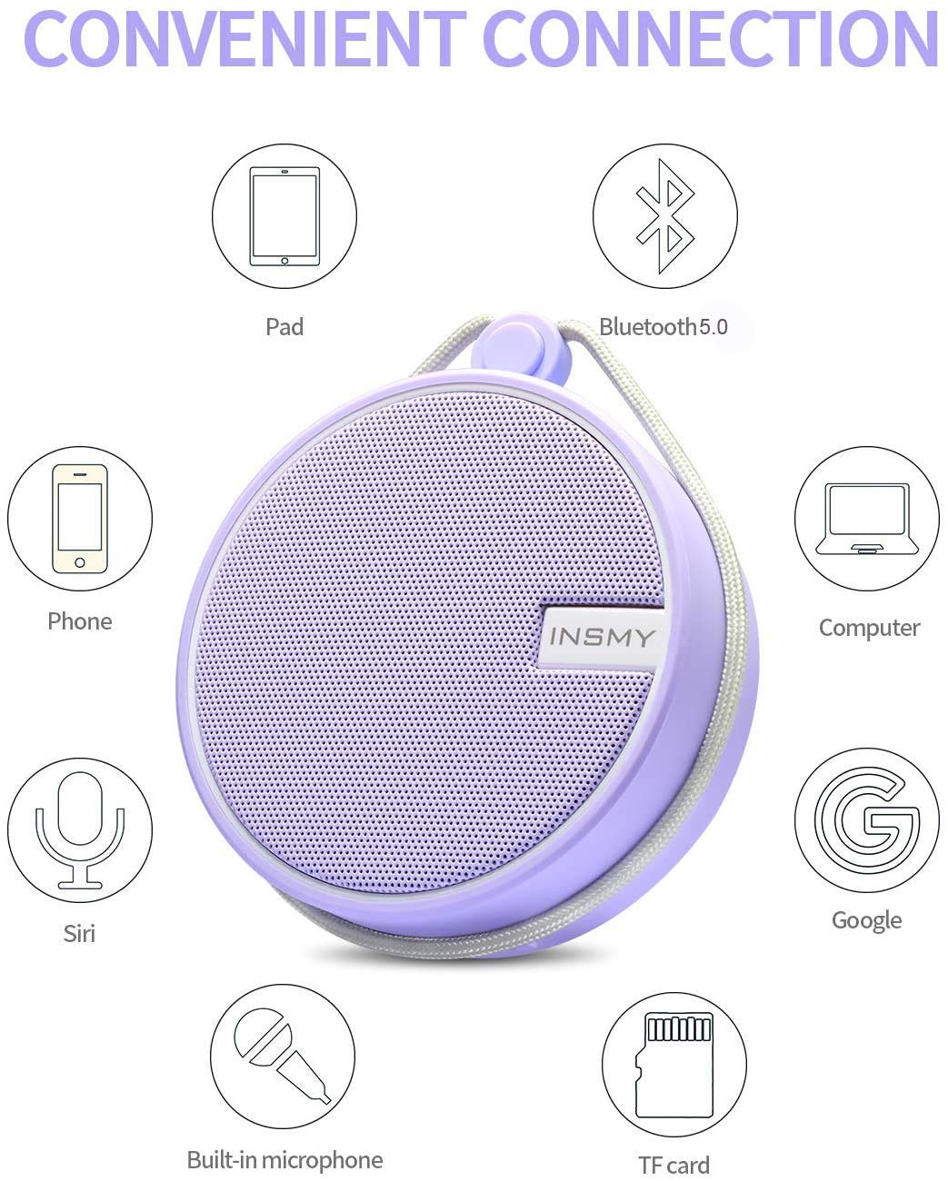 INSMY C12 IPX7 Waterproof Shower Bluetooth Speaker, Portable Small Speaker, Speakers Bluetooth Wireless Loud Clear Sound Support TF Card Suction Cup for Kayak Canoe Beach Gift (Black)