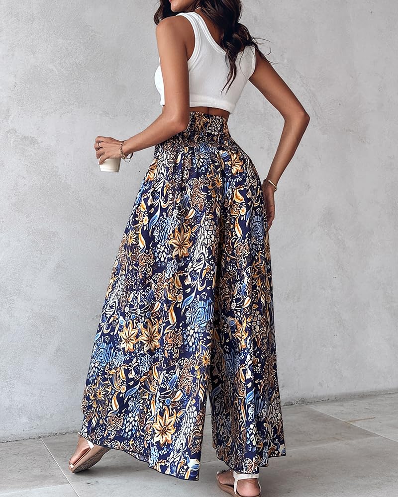 CHICME Boho Floral Shirred High Waisted Wide Leg Pants Flowy Palazzo Pants Summer Beach Vacation Wear