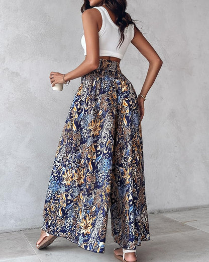 CHICME Boho Floral Shirred High Waisted Wide Leg Pants Flowy Palazzo Pants Summer Beach Vacation Wear
