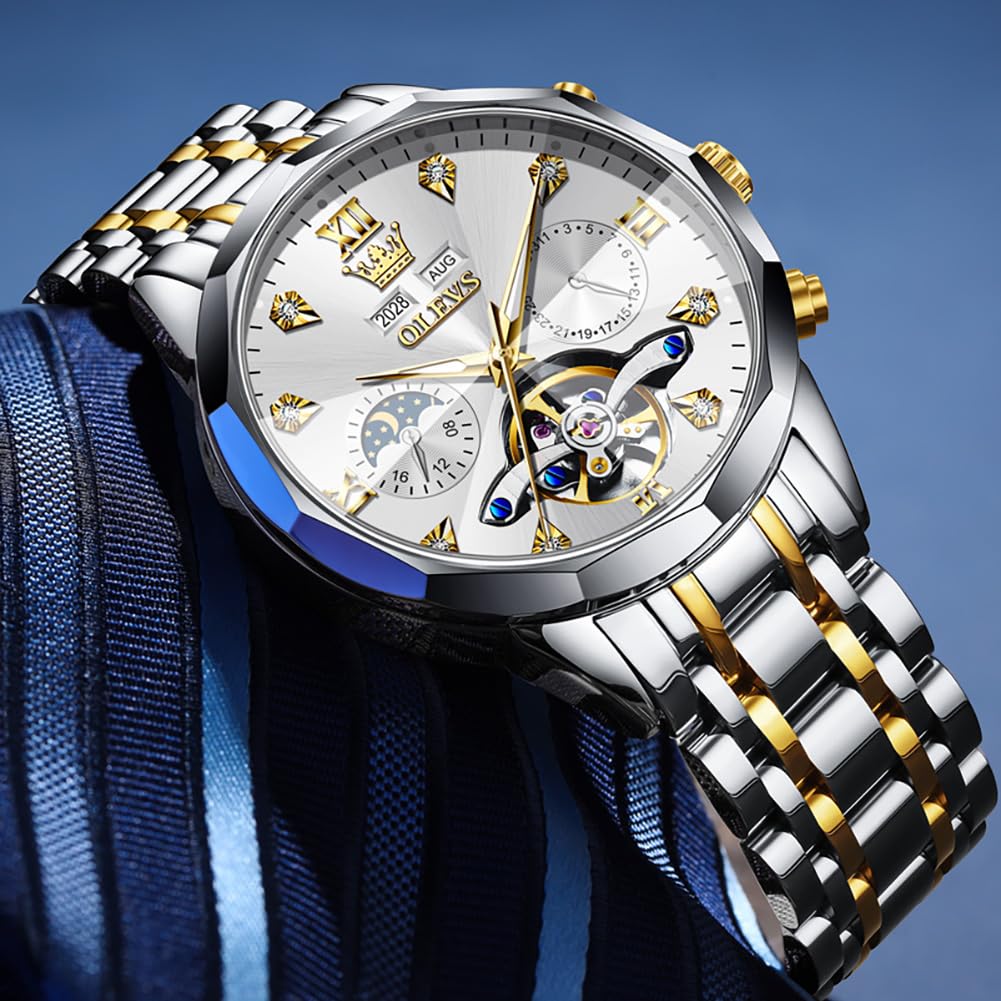 OLEVS Skeleton Men Watches Automatic Business Luxury Diamond Self Winding Watch for Men Stainless Steel Calendar Wrist Watch