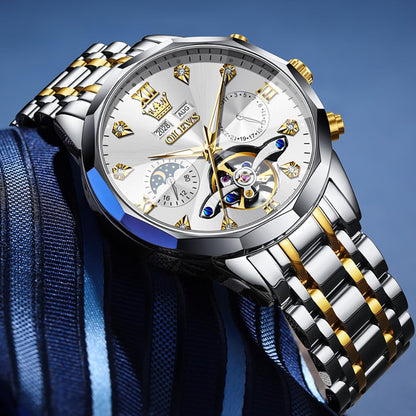 OLEVS Skeleton Men Watches Automatic Business Luxury Diamond Self Winding Watch for Men Stainless Steel Calendar Wrist Watch