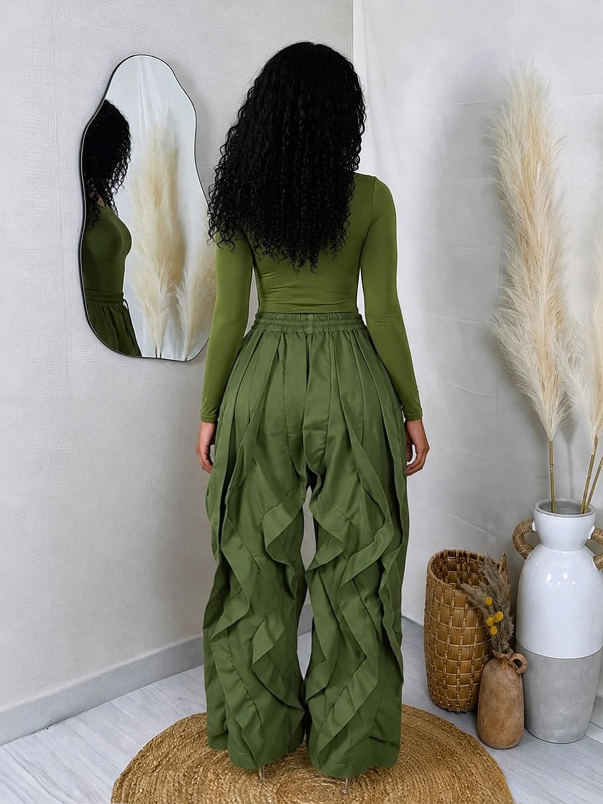 knowfashionstyle Women 2 Piece Outfits Cargo Parachute Pants Set Long Sleeve Top Baggy Y2K Balloon Pant Going Out Night Club