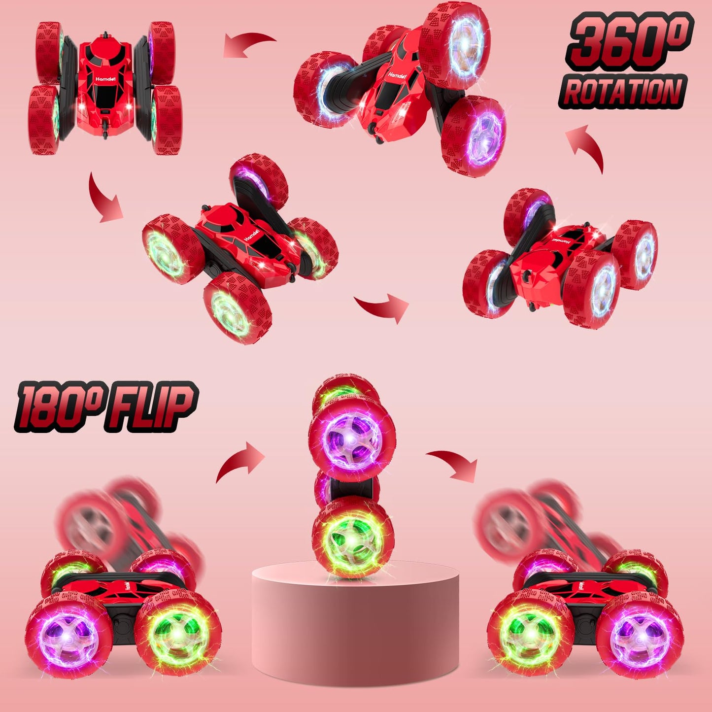 Hamdol Remote Control Car for Kids, 360° Rotating Double-Sided RC Car with LED Headlights, 4WD 2.4GHz Electric Rechargeable Toy Vehicle for Boys and Girls, Perfect Birthday