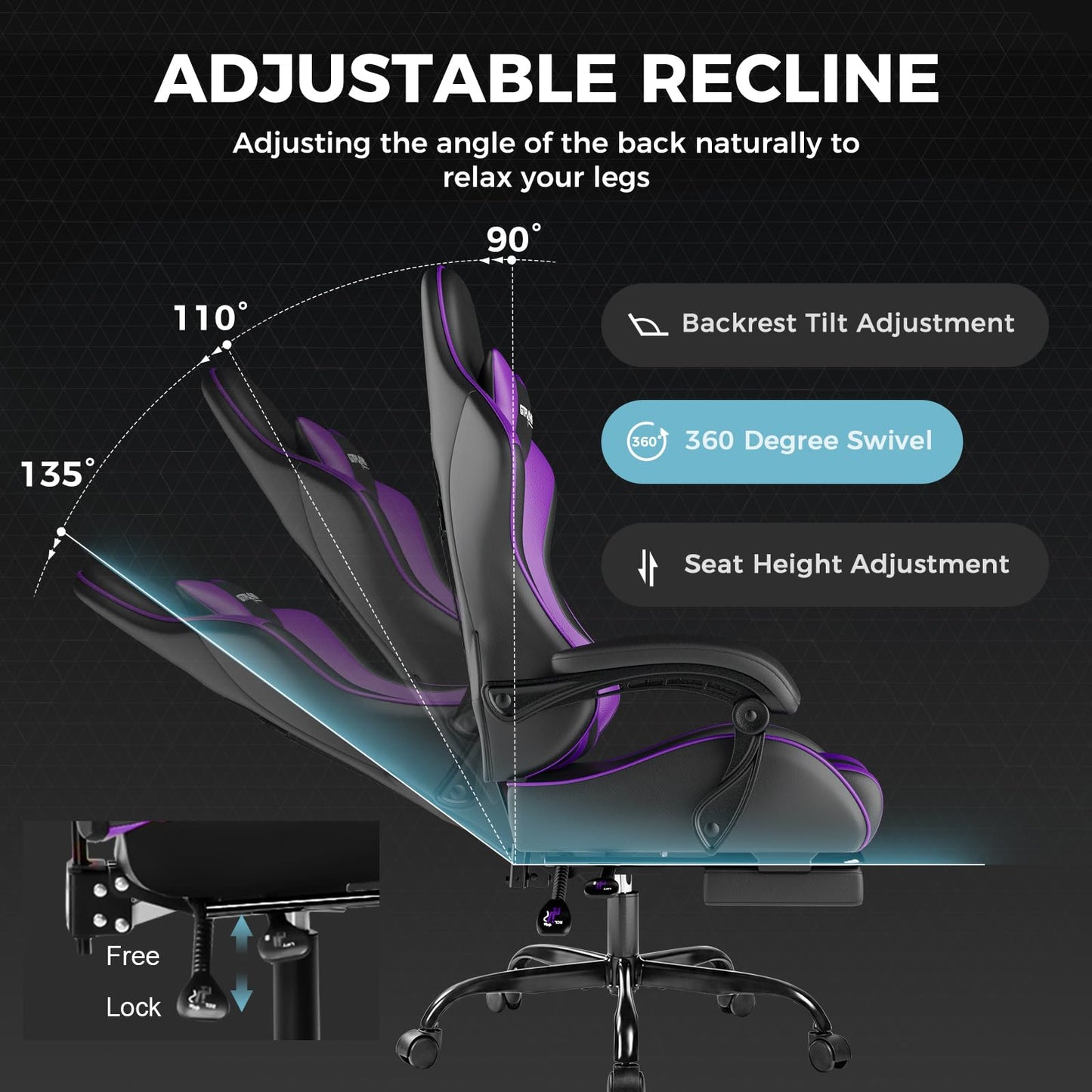 GTPLAYER Gaming Chair, Computer Chair with Footrest and Lumbar Support, Height Adjustable Game Chair with 360°-Swivel Seat and Headrest and for Office or Gaming (Pearl White)