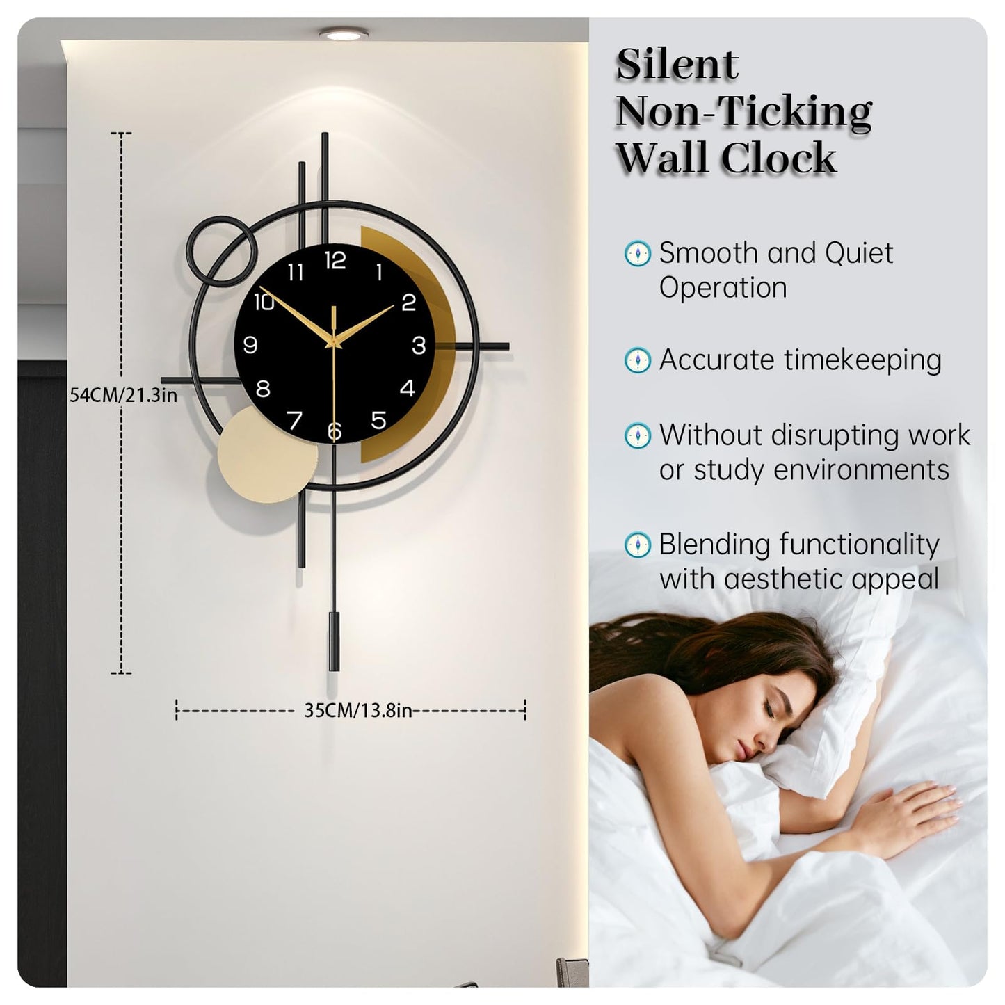 Wall Clock Decorative Large Modern Wall Clock Silent Non-Ticking Battery Operated Gold Unique Pendulum Clock for Living Room,Bedroom,Office,Kitchen,Bathroom,Wall Decor 13.8x21.9in