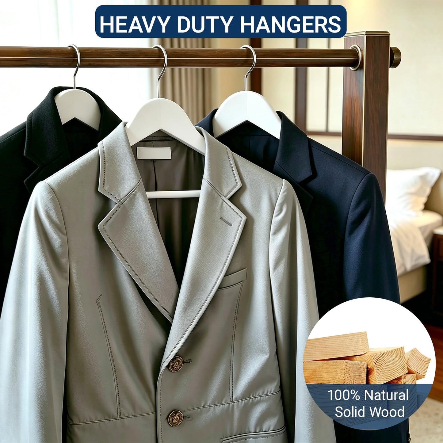 Amber Home 30 Pack Wooden Coat Hangers, Natural Wood Suit Hangers with Non-Slip Pant Bar, Clothes Hangers for Closet Organization, Shirts, Jackets, Dresses, and Pants (Natural, 30)