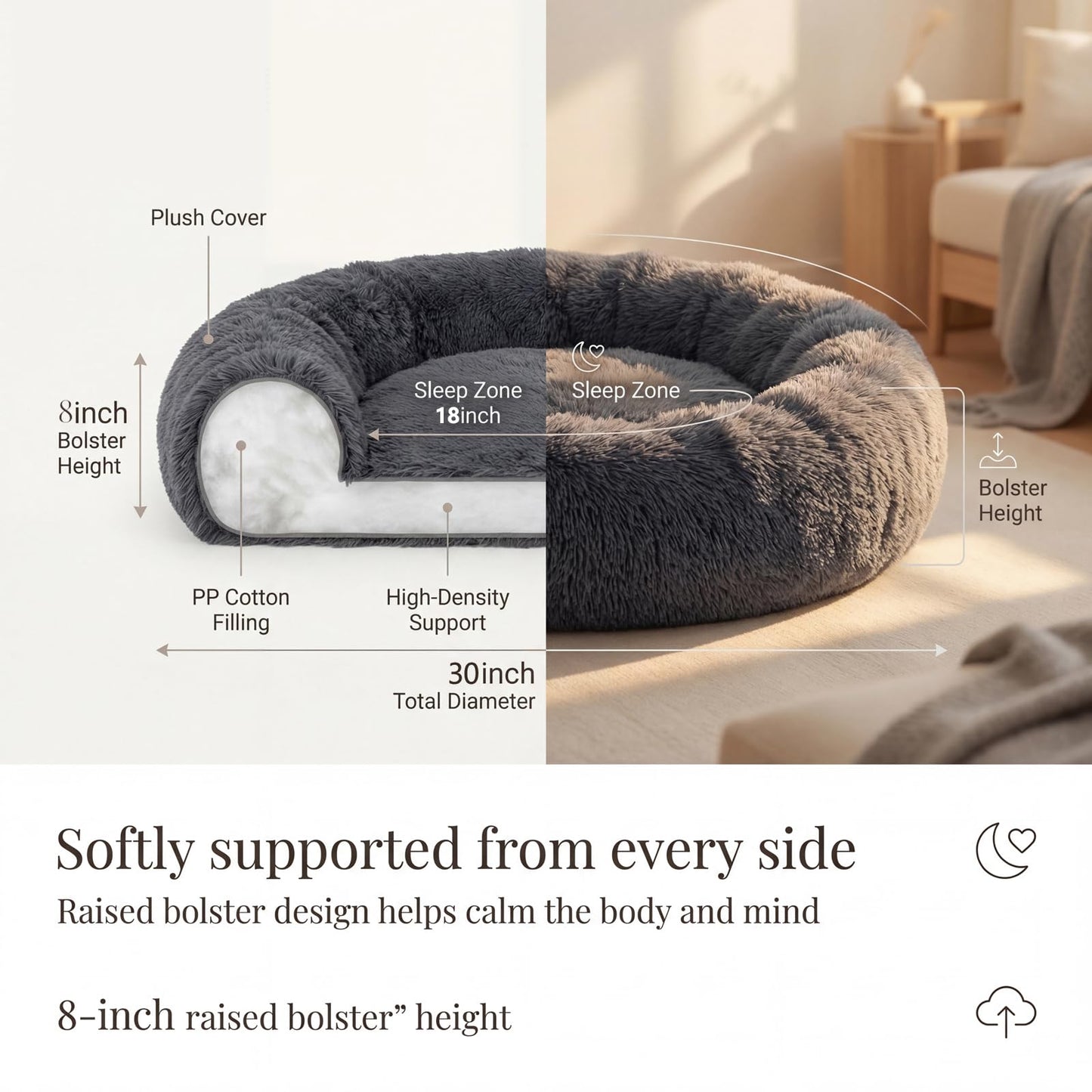 Small Calming Dogs Bed for Small Dogs Anti-Anxiety Machine Washable Fluffy Luxury Anti-Slip Waterproof Mute Base Warming Cozy Soft Pet Puppy Round Bed
