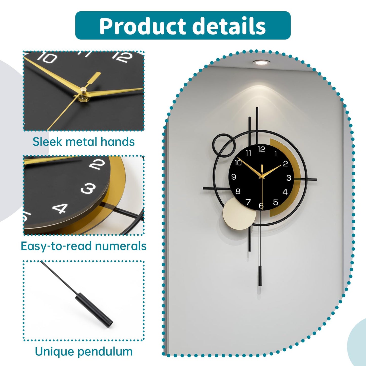 Wall Clock Decorative Large Modern Wall Clock Silent Non-Ticking Battery Operated Gold Unique Pendulum Clock for Living Room,Bedroom,Office,Kitchen,Bathroom,Wall Decor 13.8x21.9in
