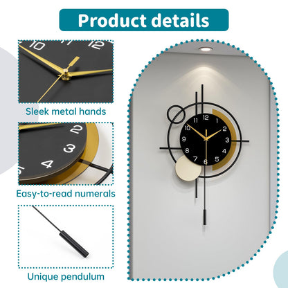 Wall Clock Decorative Large Modern Wall Clock Silent Non-Ticking Battery Operated Gold Unique Pendulum Clock for Living Room,Bedroom,Office,Kitchen,Bathroom,Wall Decor 13.8x21.9in