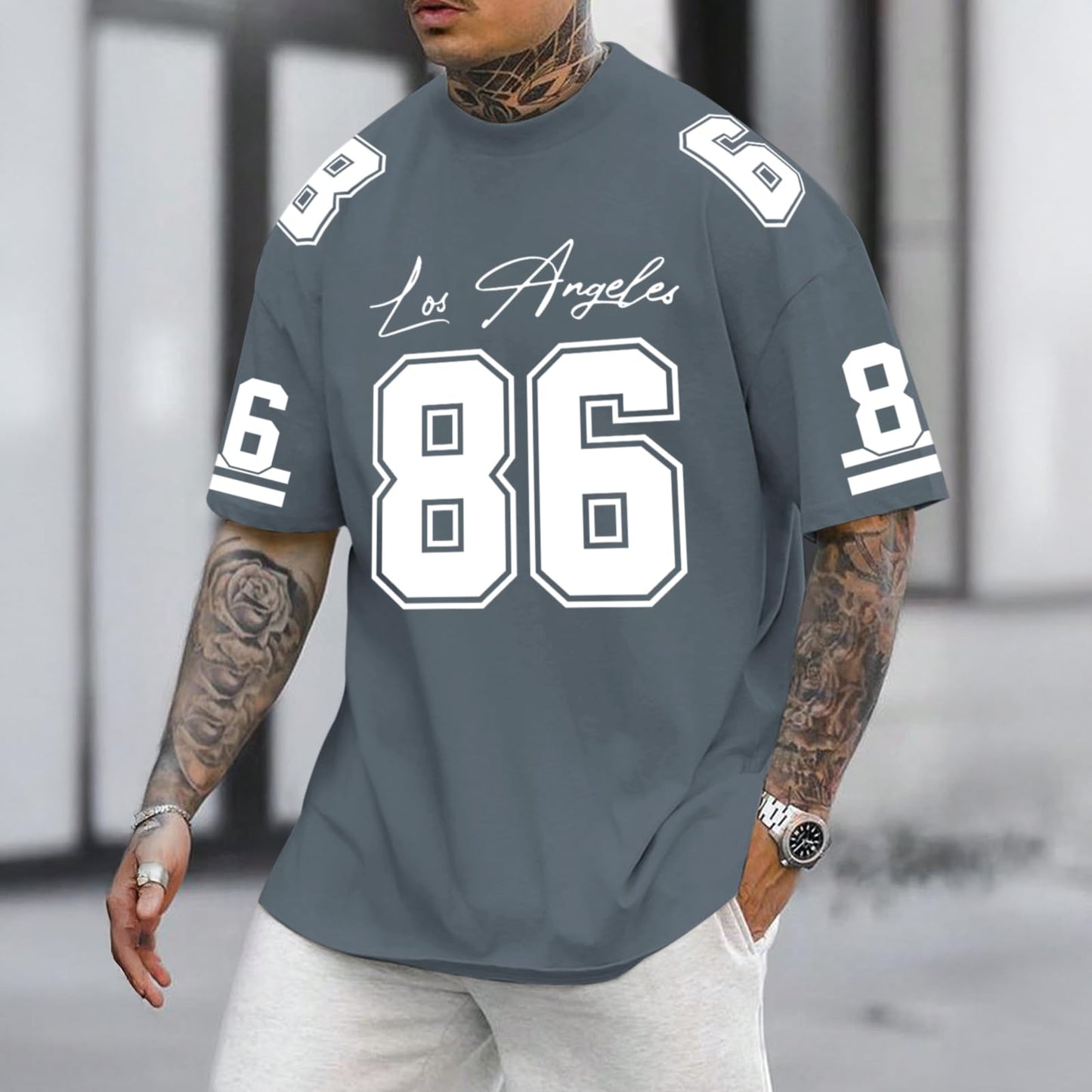 Graphic Tees Men Oversized Streetwear Tshirts for Men Number Los Angeles Print Jerseys Shirt Casual Tee Top