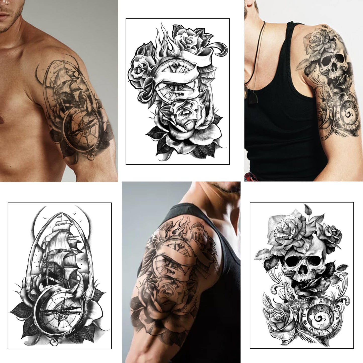 Yazhiji 36 Sheets Temporary Tattoos Stickers, 12 Sheets Fake Body Arm Chest Shoulder Tattoos for Men or Women with 24 PCS Tiny Black Tattoos