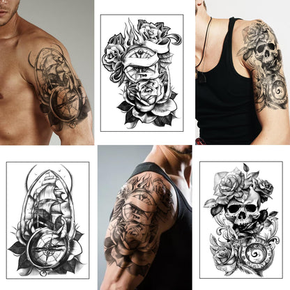 Yazhiji 36 Sheets Temporary Tattoos Stickers, 12 Sheets Fake Body Arm Chest Shoulder Tattoos for Men or Women with 24 PCS Tiny Black Tattoos