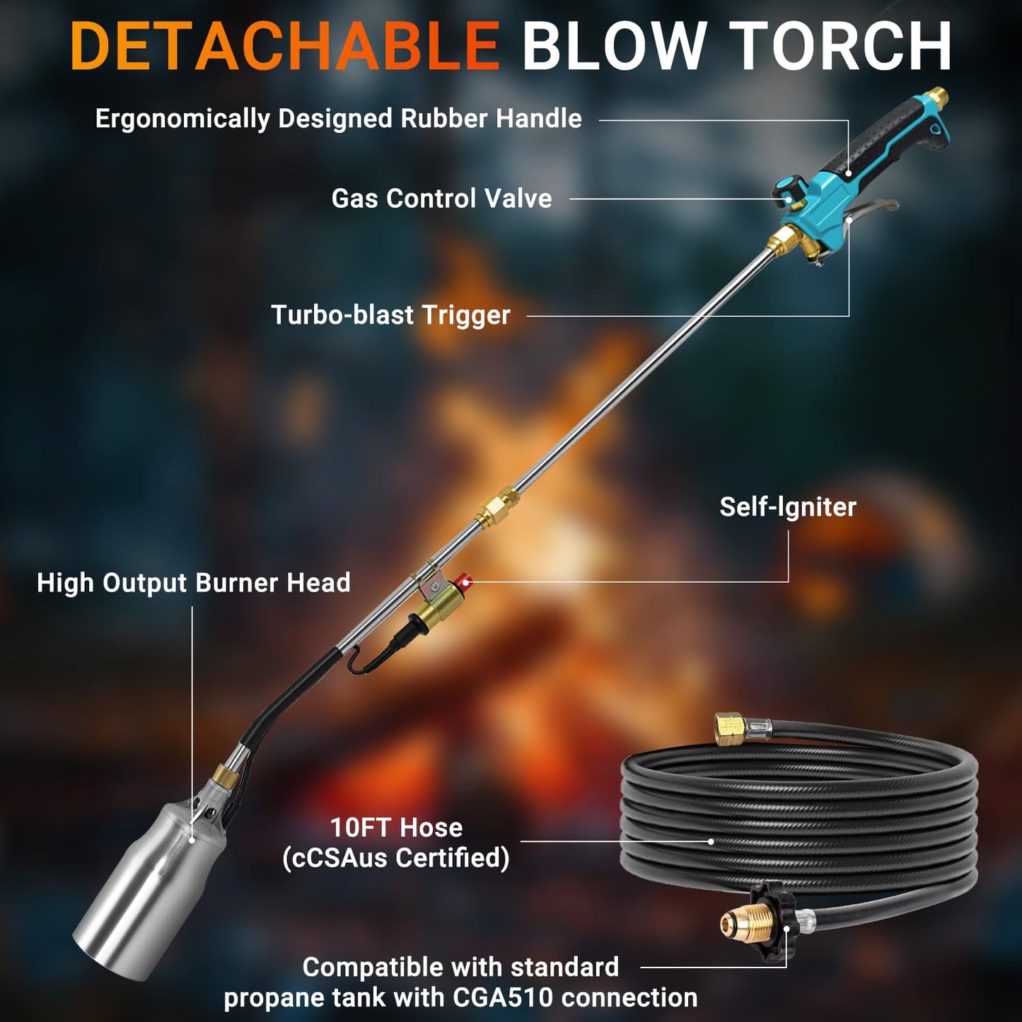 Sondiko Propane Torch Weed Burner, High Output Weed Torch Flamethrower, 30" Detachable Long Arm Heavy Duty Blow Torch For Garden, Wood, Ice, Snow, Melting(PROPANE TANK NOT INCLUDED)