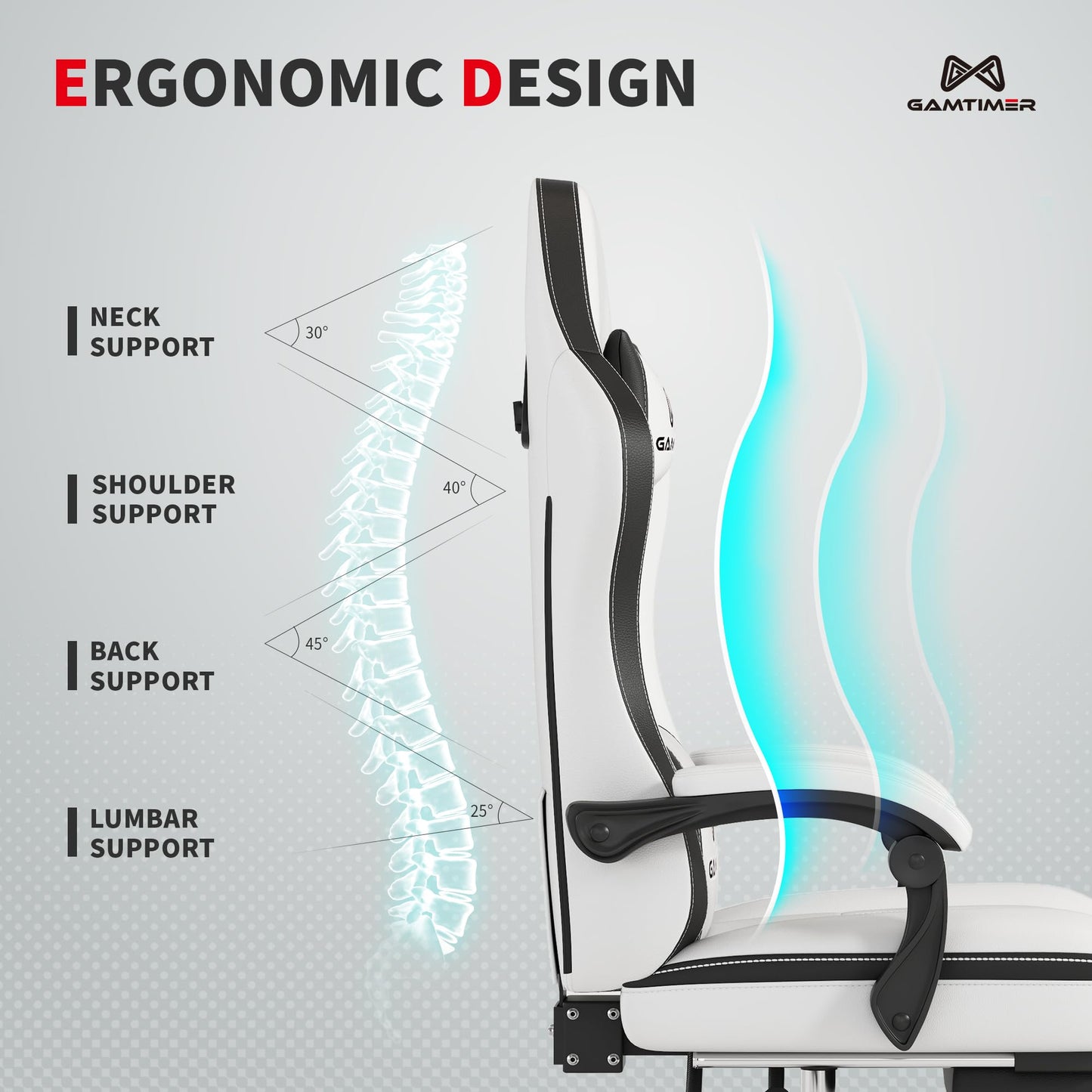 Gamtimer Gaming Chair with Footrest, Ergonomic Computer Chair, PU Breathable Material with Headrest and Lumbar Support, Suitable for Silla Gamer and Adults（Grey）