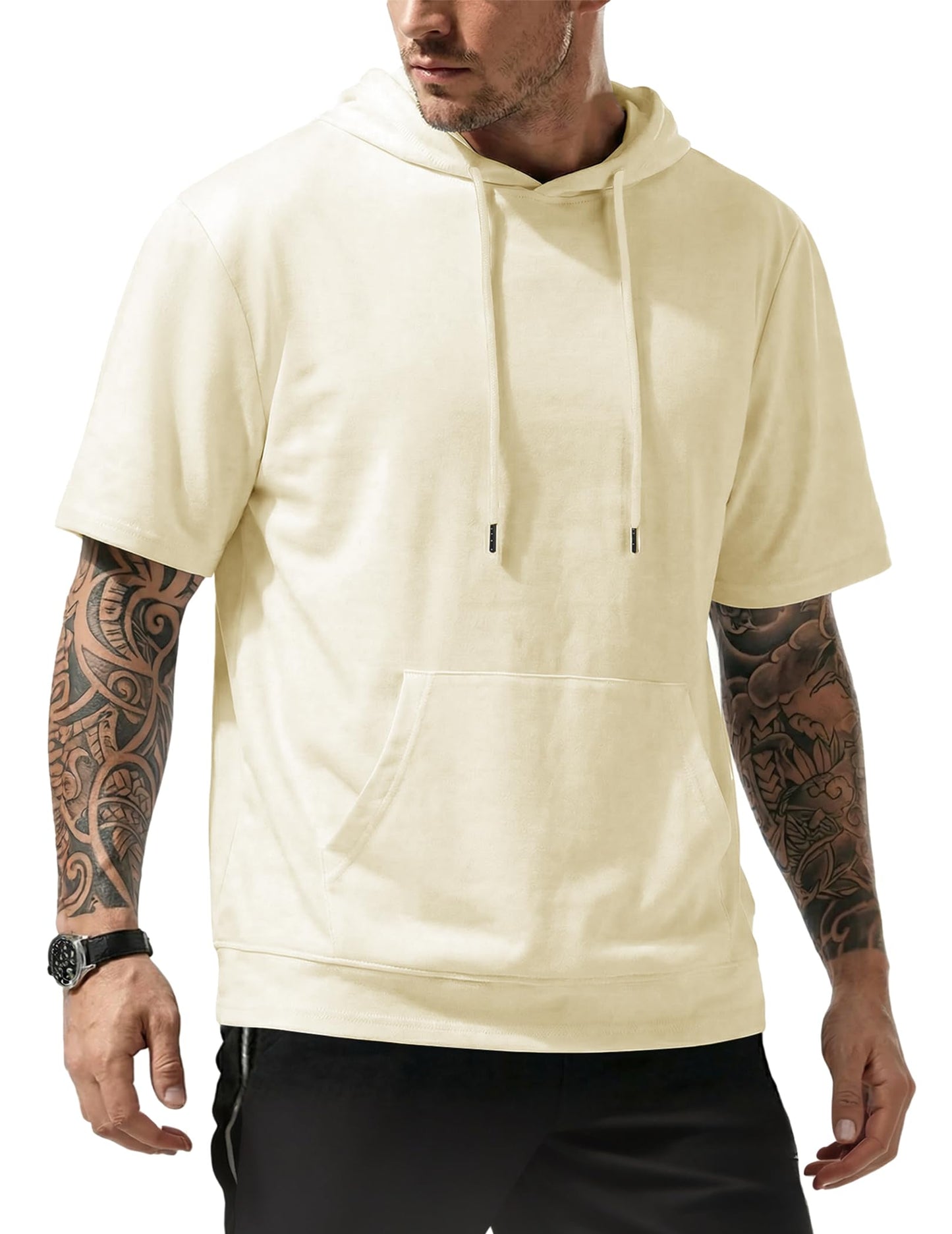 JMIERR Mens Short Sleeve Hoodie Cotton Hooded T-shirts Lightweight Solid Tops with Pocket