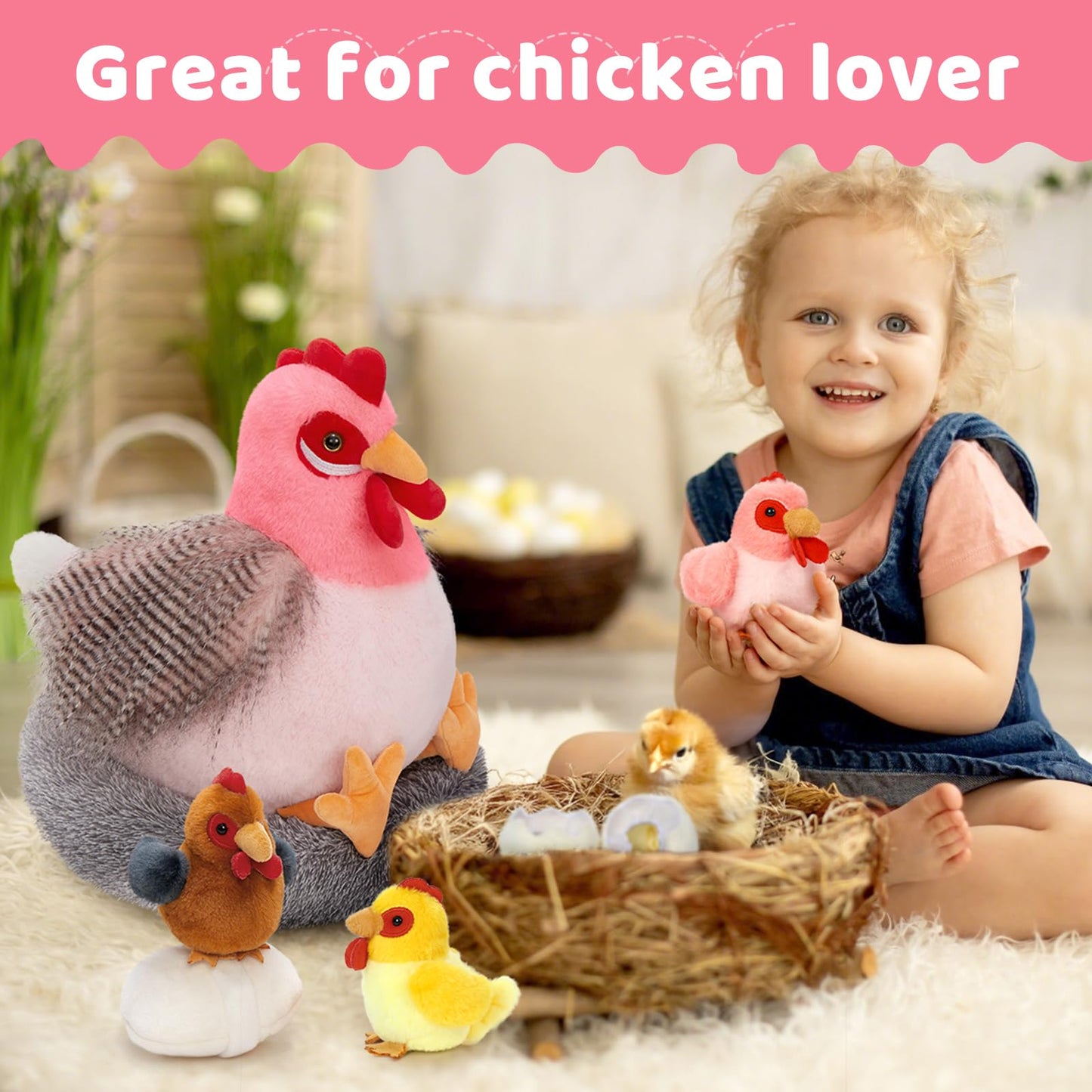 MaoGoLan 8Pcs Chicken Stuffed Animals, Stuffed Hen Plush Toys with Babies Chickens and Eggs, Nest House Plush Set, Cute and Soft Farm Stuffed Animals Gift for Kids