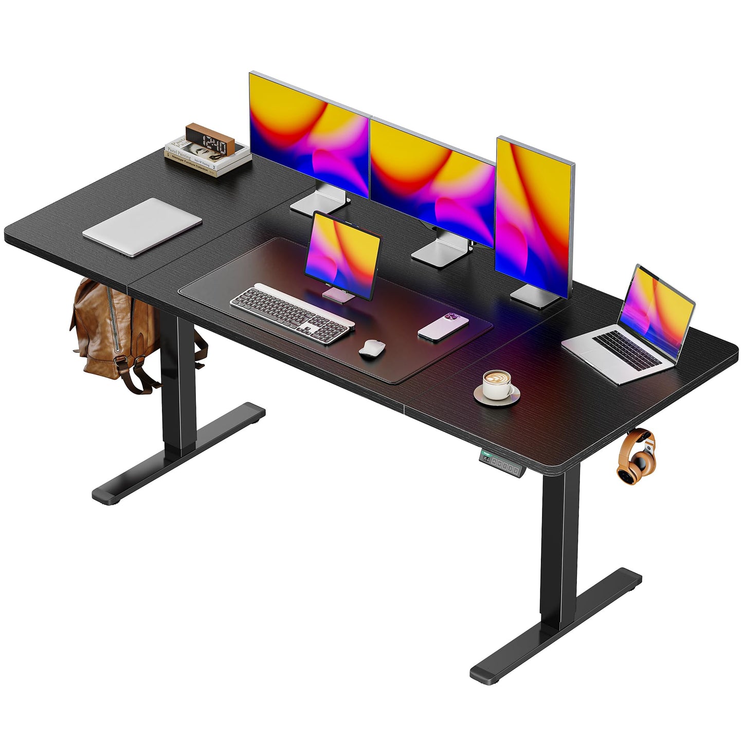 Huuger 55 x 28 Large Electric Standing Desk, Height Adjustable Computer Desk, 27.6" Deep Desktop, Stand up Gaming Office Table with 2 Hooks, 3 Preset Heights, for Home Office, Black