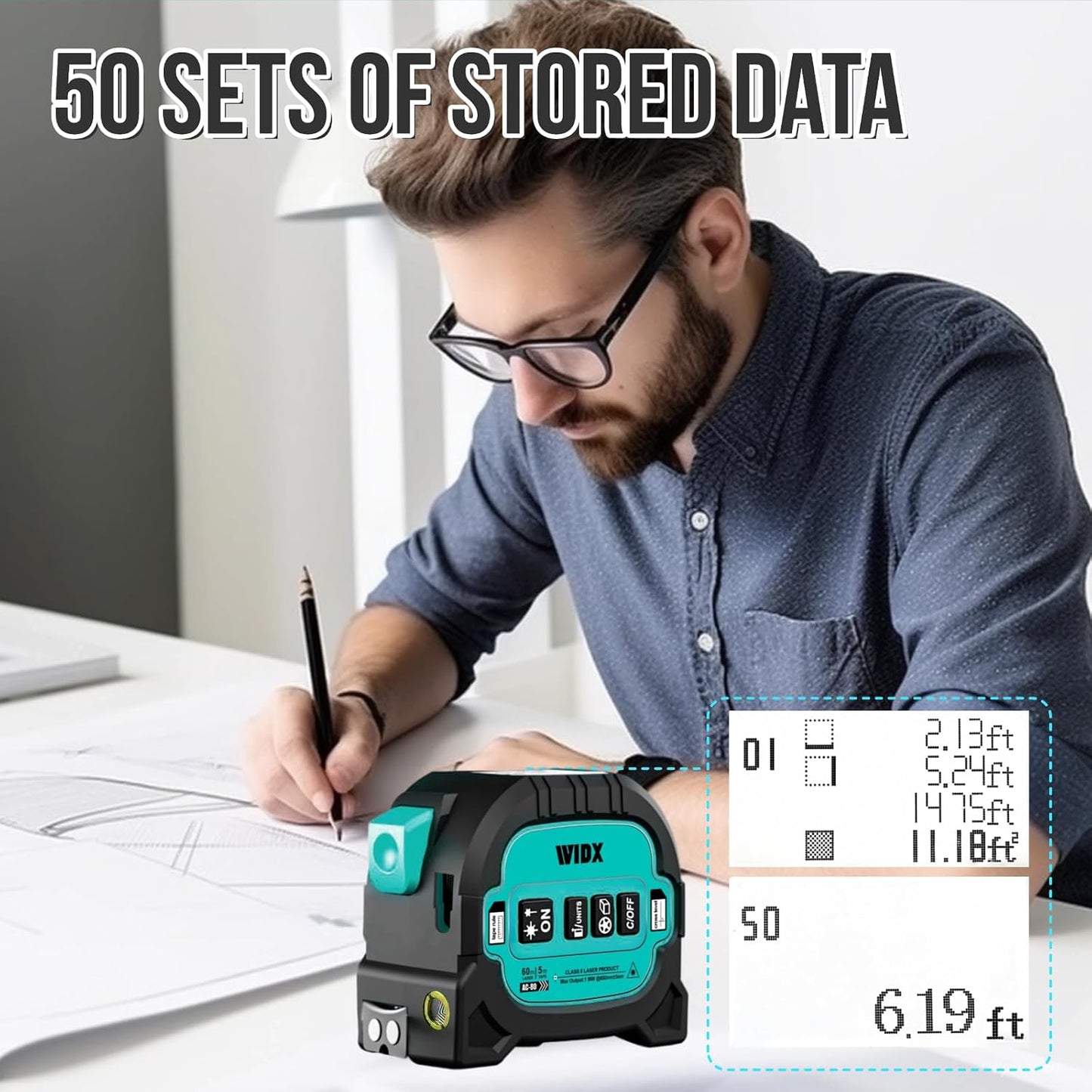 WIDX 3-in-1 Laser Tape Measure with Cross Line, 196ft Laser Rangefinder & 16ft Auto-Lock Tape Measure with Magnet, Laser Measuring Tape for in/Ft/M/Ft+n Unit, Linear/Area/Volume