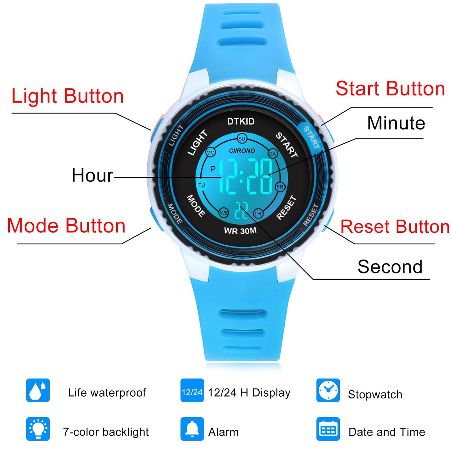 DTKID Digital Kids Watch 30 M Waterproof, 7 Color Lights Time Teaching Watch Easy to Read for Girls Boys 5-16