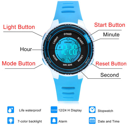 DTKID Digital Kids Watch 30 M Waterproof, 7 Color Lights Time Teaching Watch Easy to Read for Girls Boys 5-16