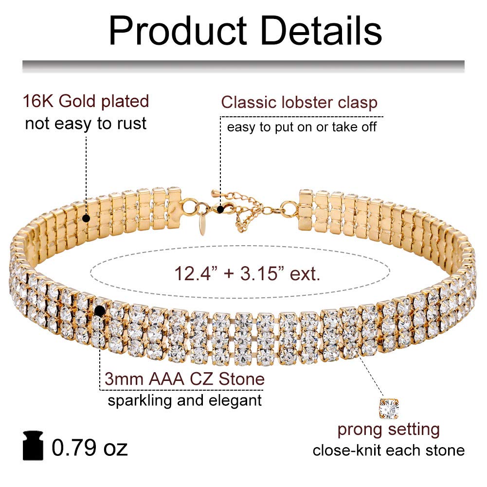 Zealmer 3 Row Rhinestone Choker Necklace for Women 18K Gold Plated