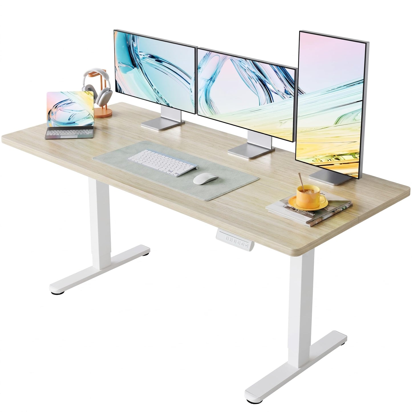HUANUO 32" Small Electric Standing Desk Adjustable Height, 4 Memory Height Settings, Sit Stand Up Desk for Home Office & Computer Workstation, LightWalnut