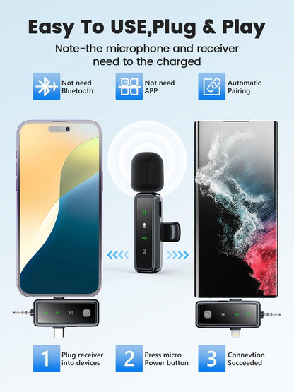 Wireless Mini Microphone for iPhone Android,Mini Mic for Video Recording,Plug & Play Lapel Professional Mic with Noise Reduction, Mute, and Reverb for YouTube TikTok Vlog Podcast