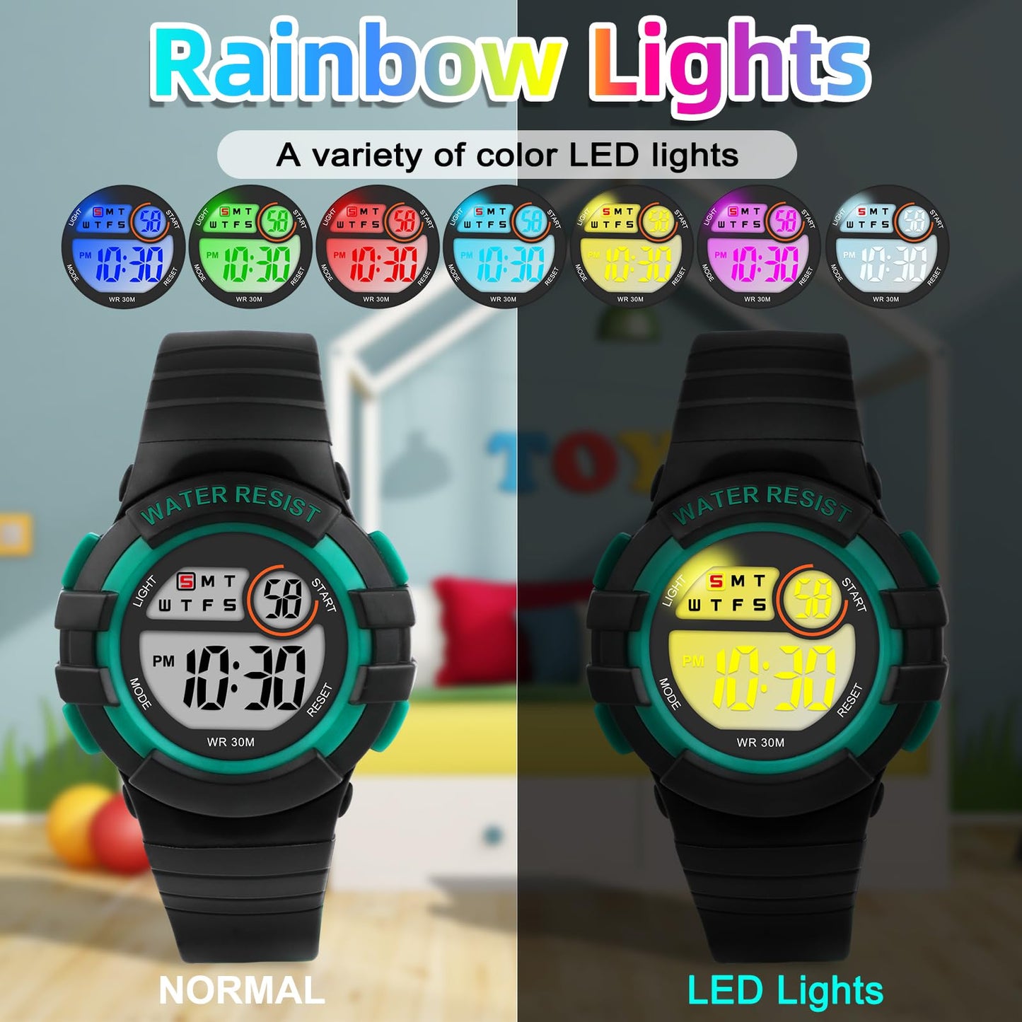DTKID Digital Kids Watch 30 M Waterproof, 7 Color Lights Time Teaching Watch Easy to Read for Girls Boys 5-16