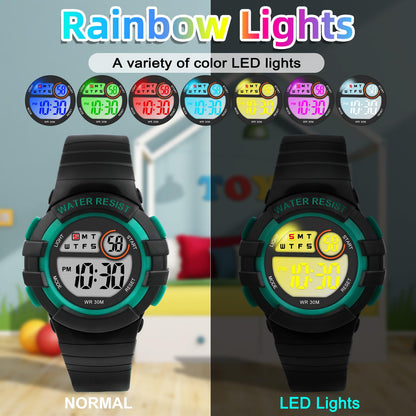 DTKID Digital Kids Watch 30 M Waterproof, 7 Color Lights Time Teaching Watch Easy to Read for Girls Boys 5-16