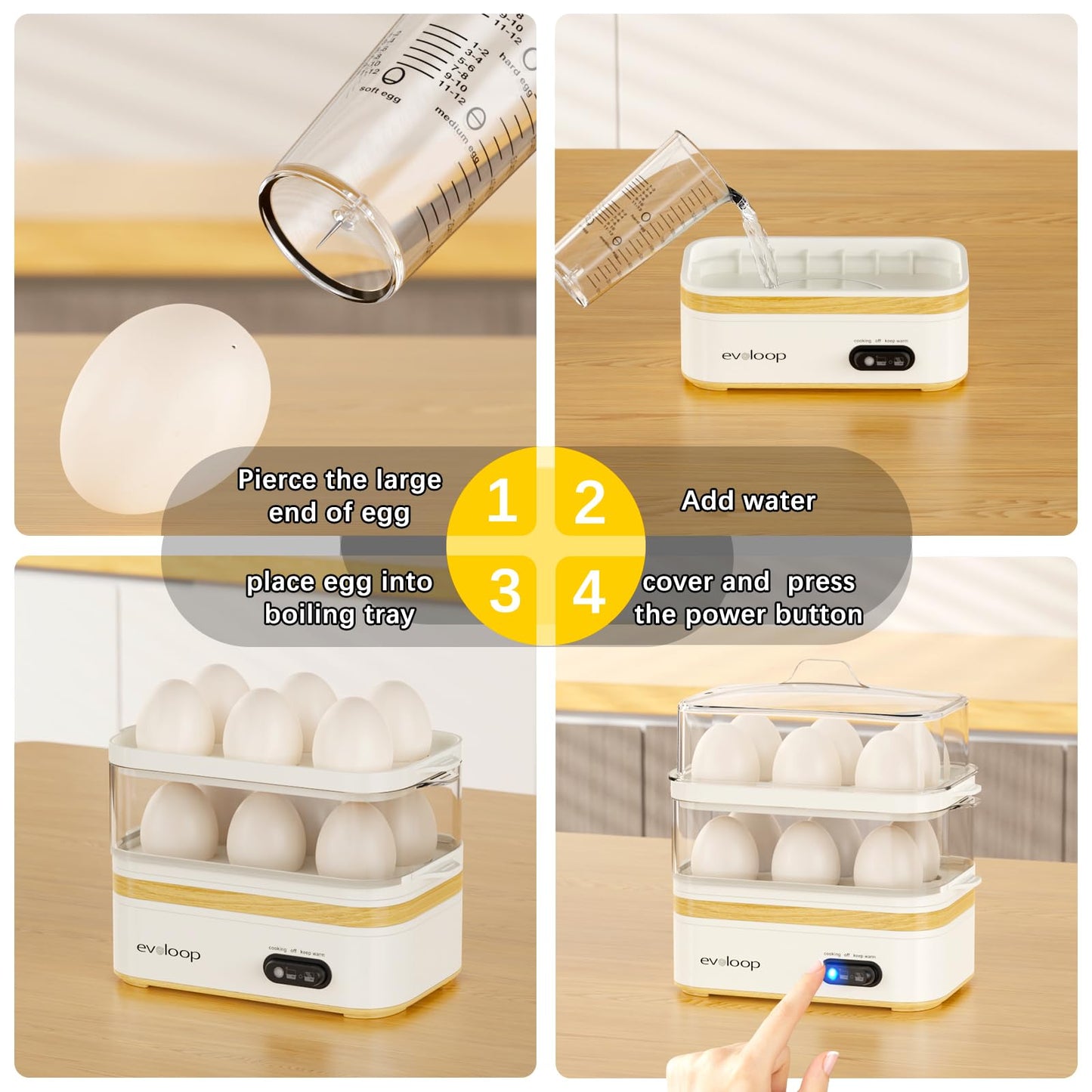 Evoloop Rapid Egg Cooker Electric 12 Eggs Capacity, Soft, Medium, Hard Boiled, Poached, Omelet Maker Egg Poacher & Vegetable Steamer, BPA Free Tray