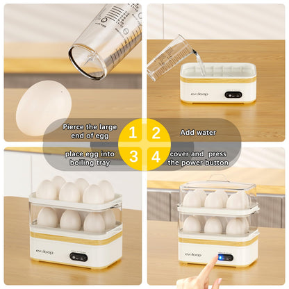 Evoloop Rapid Egg Cooker Electric 12 Eggs Capacity, Soft, Medium, Hard Boiled, Poached, Omelet Maker Egg Poacher & Vegetable Steamer, BPA Free Tray