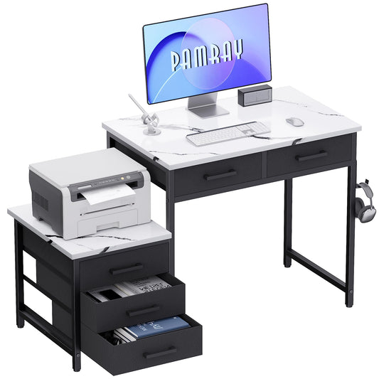 Pamray 47 inch Computer Desk with 5 Drawers and Printer Space for Office | Ample Storage, Space-saving, Easy Assembly, Sturdy, Suitable for Home Office, Study and Writing, Bedroom and Dorms