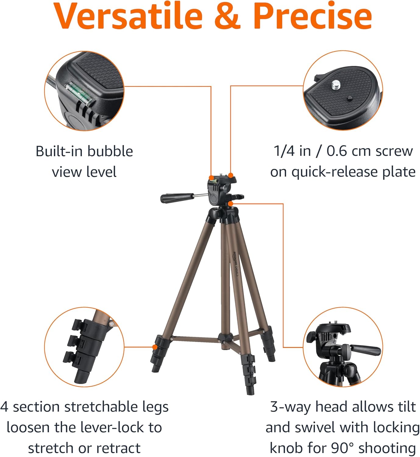 Amazon Basics 50-inch Lightweight Portable Camera Tripod Stand with Quick-Release Plate, Adjustable Height, Aluminum, for Travel Photography, Champagne