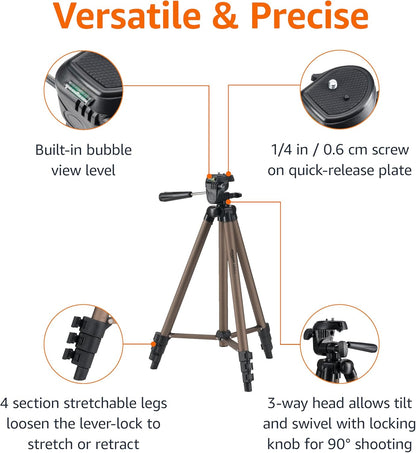 Amazon Basics 50-inch Lightweight Portable Camera Tripod Stand with Quick-Release Plate, Adjustable Height, Aluminum, for Travel Photography, Champagne